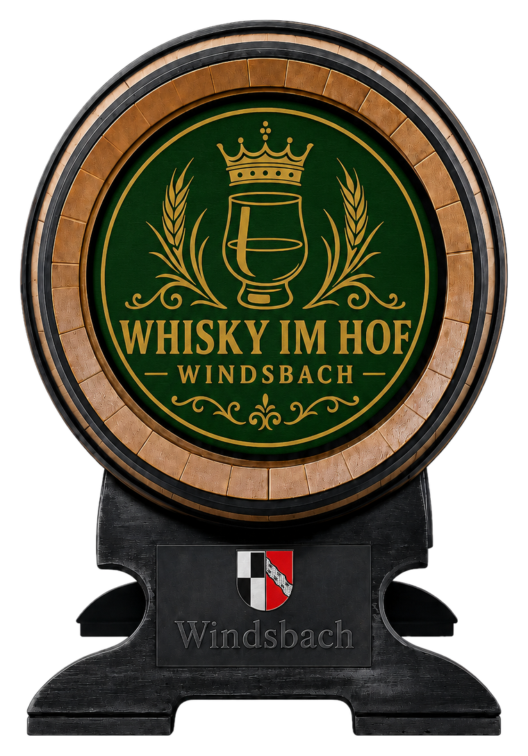 Das Vereinsfass von Whisky im Hof Windsbach mit Emblem und Wappen