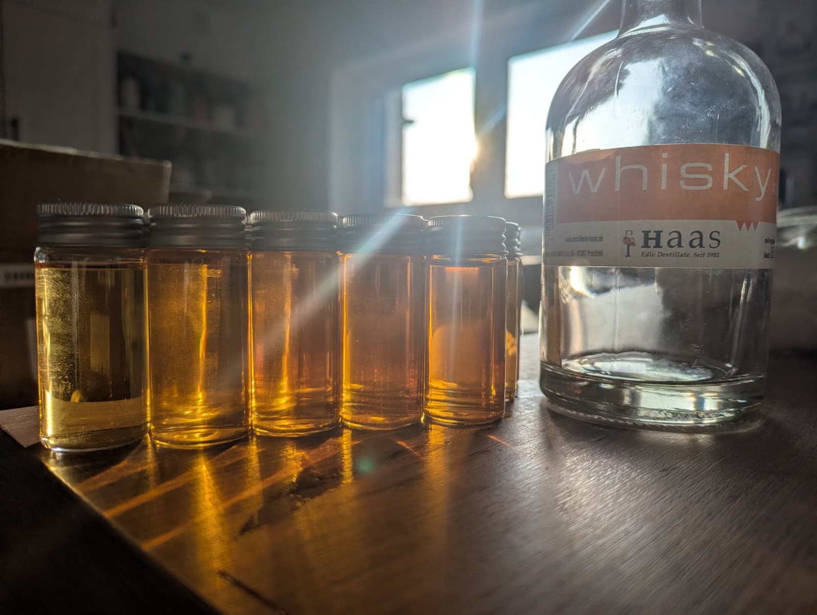 Whisky-Tasting mit Probengläsern und einer Flasche der Destillerie Haas